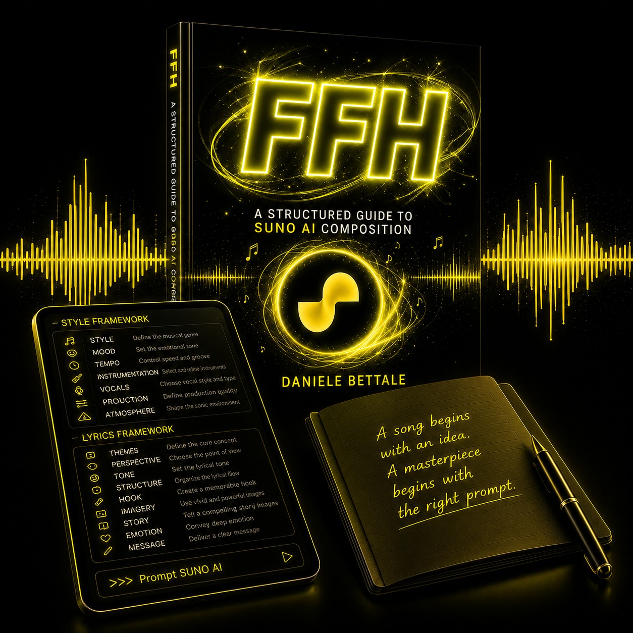 Copertina del manuale Prompt Music Design di Future Frequencies Hub: A Structured Guide to Suno AI Composition, con i framework di stile e testi, tablet, taccuino e penna su sfondo scuro con onde sonore